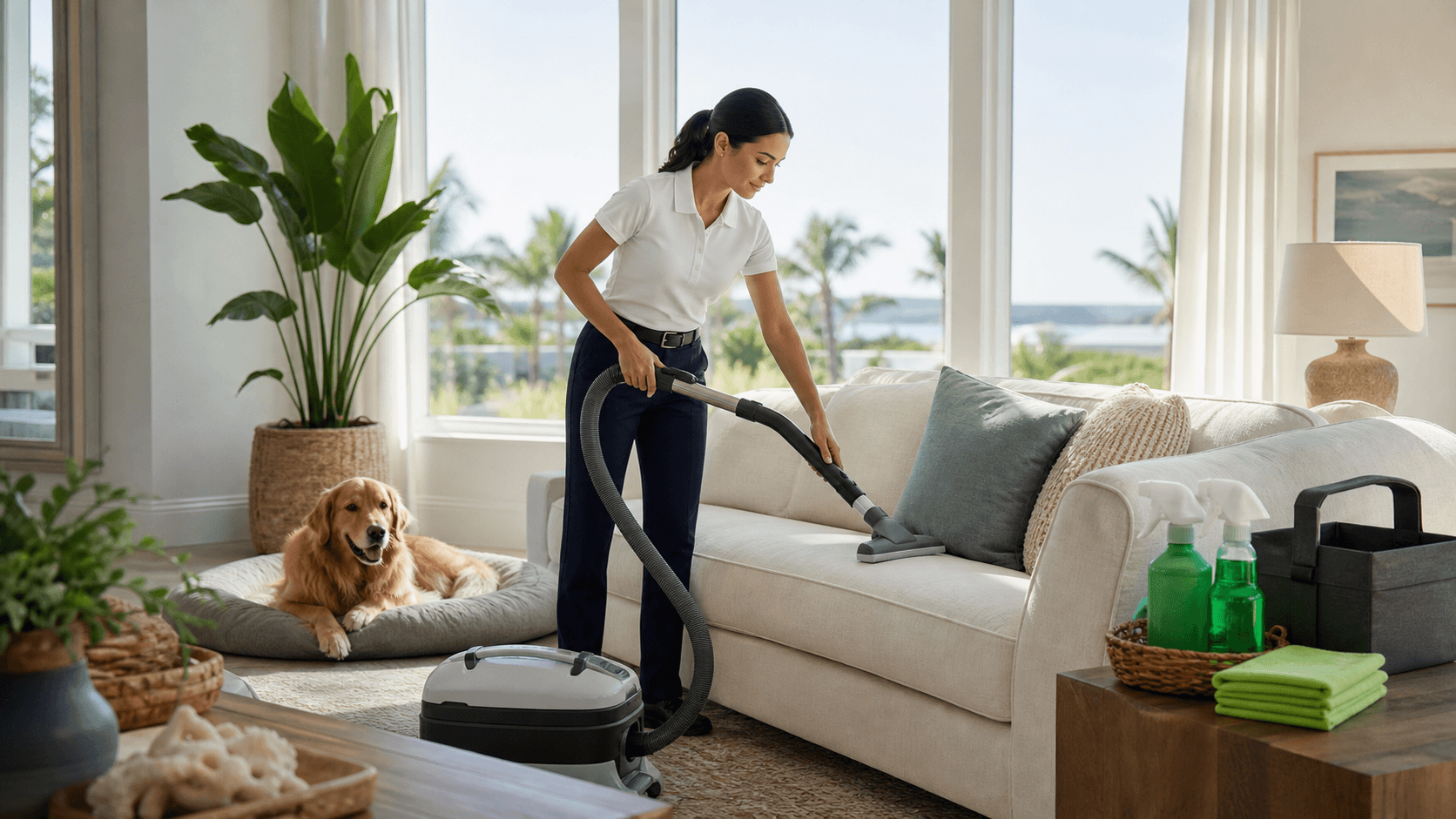 Sunlit living room with a vacuum on a rug beside a sofa, with a fluffy dog and cat near a lint roller.