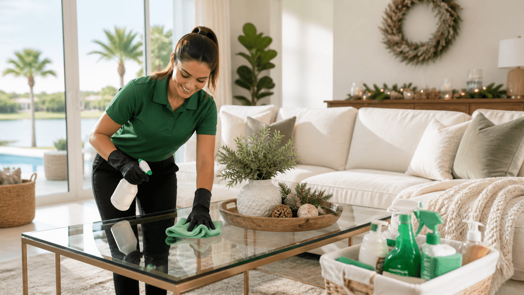 Sunlit suburban rental home with palm trees, festive wreaths, and a warmly decorated front porch.