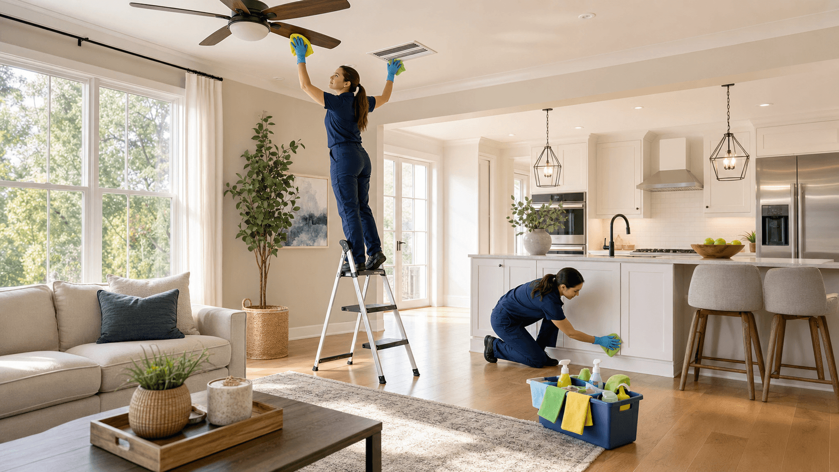 Bright modern living room with a vacuum, mop bucket, spray bottles, and folded towels on a sunlit floor